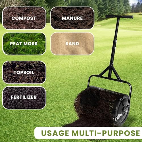 MAKEATREE 16 Inch Compost Spreader and Peat Moss Spreader, 16" Lawn and Garden Roller with Adjustable Handle, Steel Mesh Basket for Spreading Manure, Top Soil, Black - size: 16 Inches