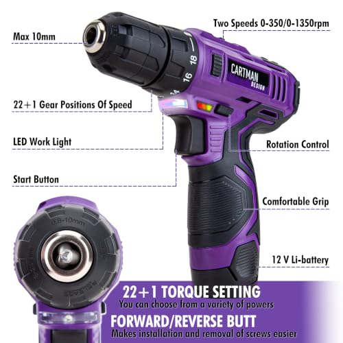 CARTMAN Purple 198-Piece 12V Cordless Drill Tool Combo Set