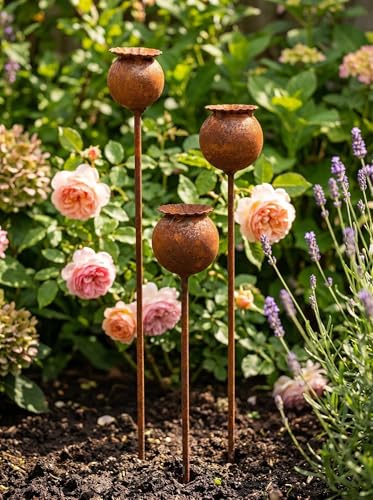 Set of 3 Rustic Metal Coneflower Garden Stakes,Rusty - color: Coffee