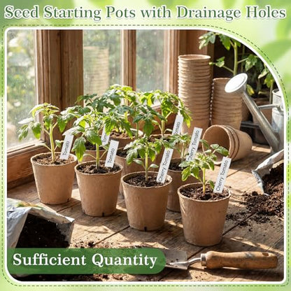 150 Pack Peat Pots for Seedlings 100 4-inch & 50 3.15-inch Round Biodegradable Seed Starter Pots with Drainage Holes for Garden Germination Nursery, Includes 150 Plant Labels & Planting Tools