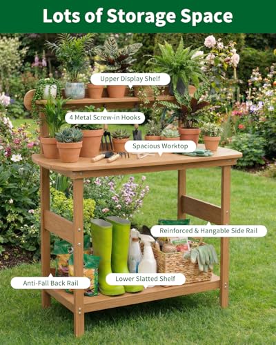 HIPS Outdoor Potting Table Bench with 3-Tier Storage Teak - color: Teak