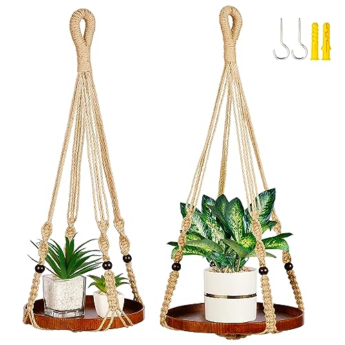 2 Pack Macrame Plant Hanger, Hanging Plant Shelf (12" + 10") - color: Brown, size: 2-Pack, 1-Tier