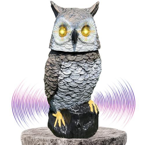 Brown Solar Owl with Motion Detector, Flashing Eyes, Spinning Head, Realistic Hooting and Silent Mode, Garden Owl, Outdoor Statue, Decoration for Home, Garden, Patio and Fence