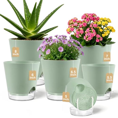 5/5.5/6/6.5/7/8 Inch Self Watering Pots Visible Water Level Indoor/Outdoor - color: Green