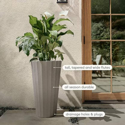 Veradek Column Series Tall Planter - Tapered Outdoor Planter with Shelf - color: Gray, style: Wide Groove - 2 Pack
