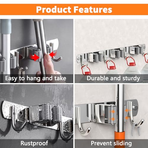2 Pack Mop and Broom Holder Wall Mount for Kitchen Garage Laundry Room - color: Silver, size: 2 Pack 4 Racks with 5 Hooks