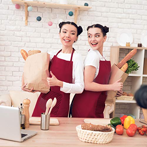 Total 6PCS Deep Red Bib Apron for Women Adult Unisex Durable Comfortable with 2 Front Pockets Washable Chef Aprons for Cooking Baking Kitchen Restaurant Crafting Painting. - color: Wine