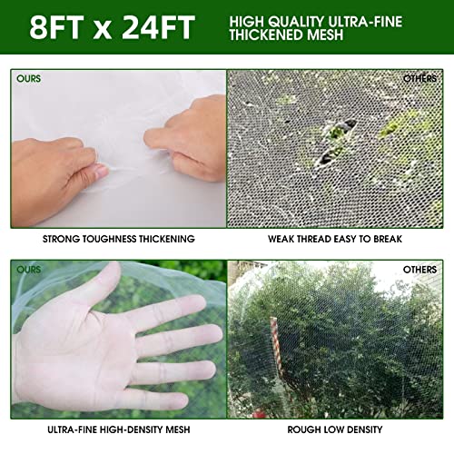 Garden Netting Kit for Raised Beds, 8x24Ft Ultra Fine Mesh Netting with 6 Sets Garden Hoops, Plant Row Cover Insect Netting Birds Pest Barrier Net for Vegetable Fruit Flowers
