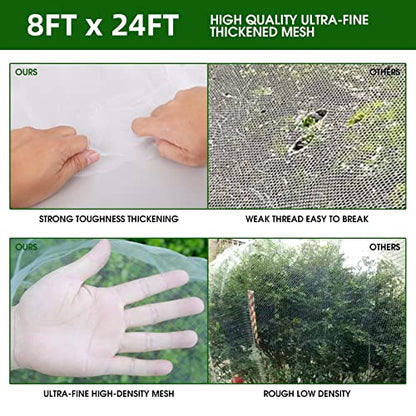 Garden Netting Kit for Raised Beds, 8x24Ft Ultra Fine Mesh Netting with 6 Sets Garden Hoops, Plant Row Cover Insect Netting Birds Pest Barrier Net for Vegetable Fruit Flowers