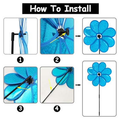 4PCS Flower Wind Spinner Sparkly Lawn Pinwheel 11.8 inch Blue Garden Windmill for Garden, Party, Outdoor, Yard Decor - size: Blue