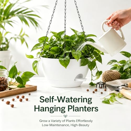 12 Inch Self Watering Hanging Planters 2 Pack, White - color: White
