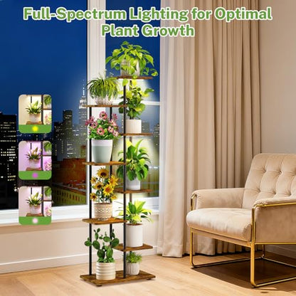 iDavosic.ly Plant Stand Indoor with Grow Lights, Tall 7 Tier Shelf, Brown - color: Rustic Brown with Light, size: 7 Tier