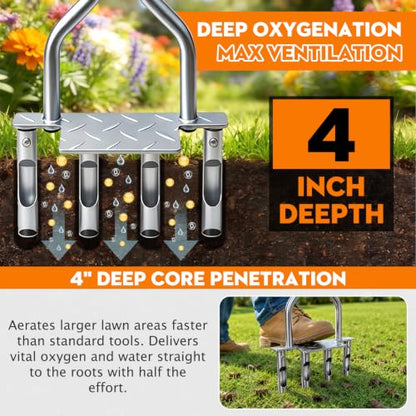 4-Tine Manual Core Lawn Aerator, 4-Inch Plug Aerator, Heavy-Duty Steel