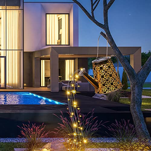 Solar Watering Can Light,Large Metal Hanging Garden Decorative Lights - color: Yellow