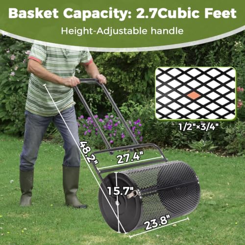 VINGLI Compost Spreader, Peat Moss Spreader with Height Adjustable Handle, T Shaped Handle Peat Moss Roller, Seed Spreader for Lawn Backyard Outdoor (24“ -Black U Shape)