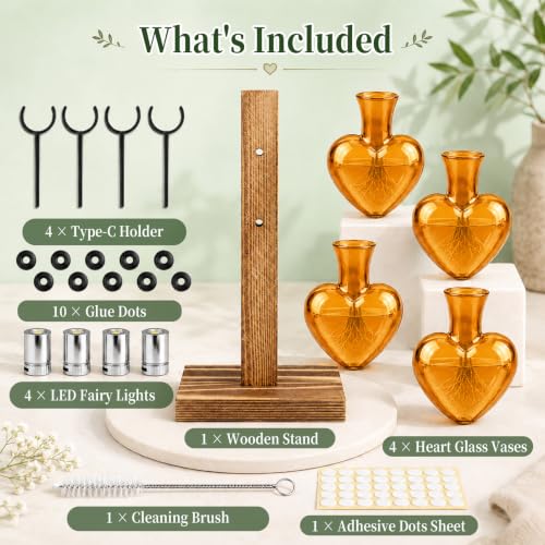 Plant Terrarium Propagation Station with Wooden Stand, 4 Glass Vases - color: Amber