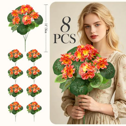 8 Bundles Artificial Geraniums, UV Resistant, Orange - color: Orange