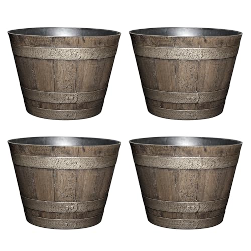 Classic Home and Garden Whiskey Plastic Resin Flower Pot Barrel Planter, Oak Brown, 20.5" (4 Pack)