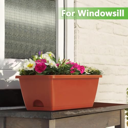 Railing Planter Boxes for Plants, 2 Pack Deck Hanging Planters for Railings, Over Railing Planter Box, 16.9 Inch Balcony Planters Railing Hanging with Metal Brackets, Red