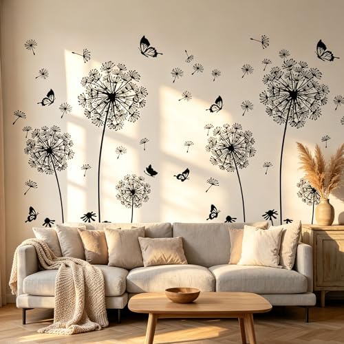 Arawat 2 Set Dandelion Wall Decals, Flower Stickers, Murals With Butterflies for Bedroom, Office, Bathroom, Living Room - Removable Floral Peel and Stick Art Decoration - color: # F 2 Set Black Dandelion Wall Decals