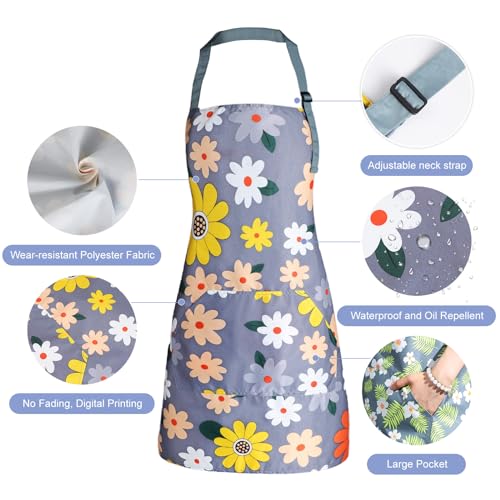 Apron for Women with Pockets, Adjustable Waterproof Floral Chef Aprons for Kitchen, Gardening, Cooking, BBQ or Baking