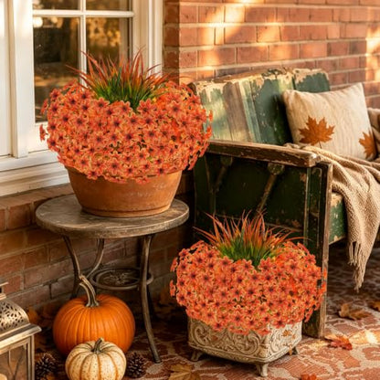 15 Pcs Fake Mums Artificial Fall Flowers for Outdoor Decorations, Orange
