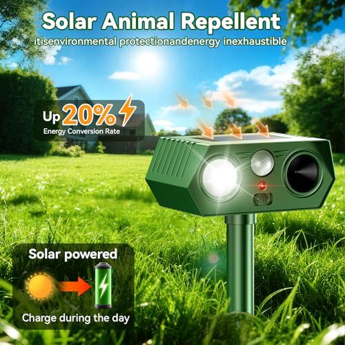 Solar Ultrasonic Animal Repeller, 2026 Upgraded Motion Sensor & Flash Light, IP65 Waterproof Outdoor Repellent for Deer, Cat, Squirrel, Rodent