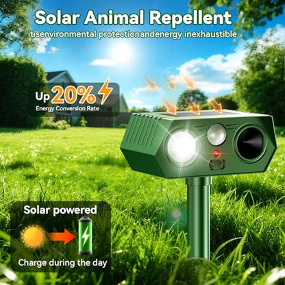 Solar Ultrasonic Animal Repeller, 2026 Upgraded Motion Sensor & Flash Light, IP65 Waterproof Outdoor Repellent for Deer, Cat, Squirrel, Rodent