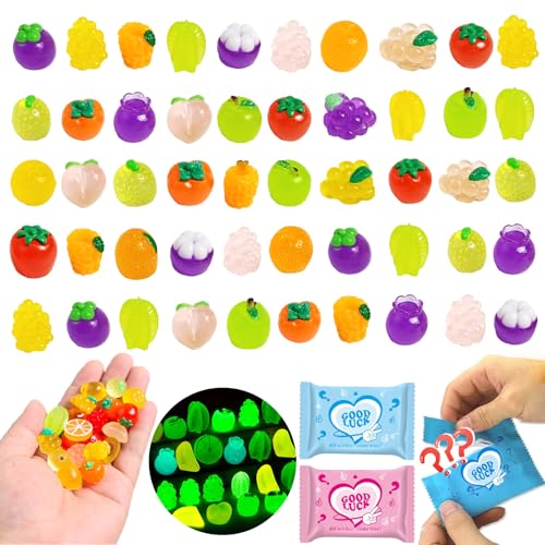 50 Pcs Glow in the Dark Mini Fruit Figurines Blind Bag Set – Resin Luminous Fruits for DIY Crafts, Fairy Garden Accessories, Dollhouse Decor, Mystery Bag Party Favors, Surprise Gift Set - color: Fruit