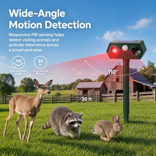 Solar Ultrasonic Animal Repeller with Red&Blue Light for Gardens, Farms and Courtyards, Outdoor Sonic Fortress Pro Deterrent for Deer, Raccoons, Squirrels, Cats, Rabbits, Skunks, Foxes & More(2Pack)