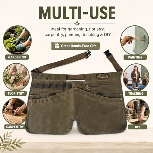 Canvas Gardening Half Apron, Heavy-Duty Florist Tool Belt 5 Pockets-Unisex
