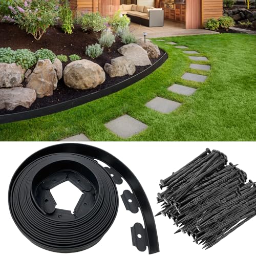 Garden Edging Border 33ft, 2in Tall Straight Top Lawn Edging, Plastic Landscaping Edging Kit with 50pcs Spikes, Garden Mini Fence for Paver Edging, Grass Edging, Flower Beds, Yard, Black - color: Black, size: 2IN x 33FT