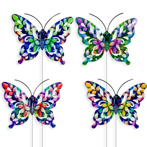 4Pcs Butterfly Garden Stakes Decor, Colorful Butterflies Decorations, Metal Yard Art for Outdoor Lawn Porch Pathway Yard Patio Plant Pot Ornaments (Butterfly- D)