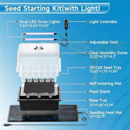 Hon&Guan 30-Cell Seed Starting Kit with Heat Mat and LED Grow Lights - size: 1 Pack