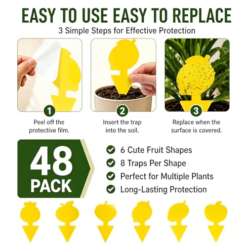 Yellow Sticky Fungus & Gnat Traps with Non-Stick Handle for House Indoors Plants 48 Pack – Double-Sided Adhesive
