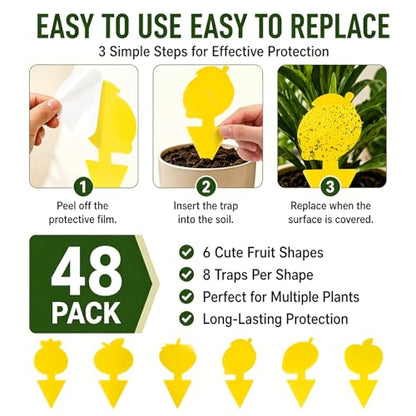 Yellow Sticky Fungus & Gnat Traps with Non-Stick Handle for House Indoors Plants 48 Pack – Double-Sided Adhesive