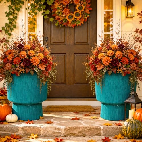 16.8" Planters for Outdoor Plants, Large Urn Flower pots S/2 - color: 16.8"-teal Glazed & Black Rim