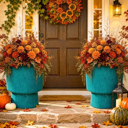 16.8" Planters for Outdoor Plants, Large Urn Flower pots S/2 - color: 16.8"-teal Glazed & Black Rim