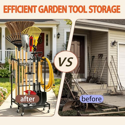 Garden Tool Organizer Rack with Wheels Up to 30-35 Tools, Heavy-Duty Steel Yard Tool Organizer for Garage Storage with 11 Hooks, Broom Holder & Garden Tool Rack for Shed, Patio, Lawn, Outdoor, Black
