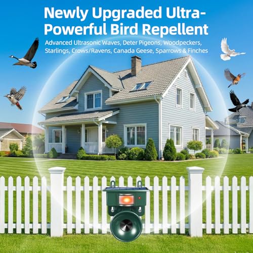 Solar Woodpecker Deterrent for House Ultrasonic Bird Repellent Devices Outdoor Goose Crow Pigeon Deterrents with Motion Activated IP65 Waterproof Bird Scare Devices for Garden Farm Yard Boat