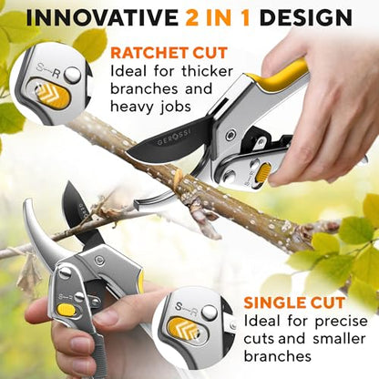 Gerossi Ratchet Pruning Shears Heavy Duty, Hand Pruners for Gardening - color: Silver-yellow