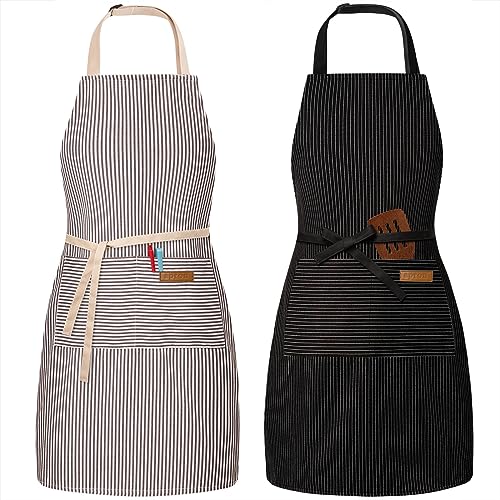 BeLuyi 2 Pack Adjustable Bib Apron with 2 Pockets Chef Cooking Kitchen Restaurant Aprons for Women Men - color: Black/Beige Stripes