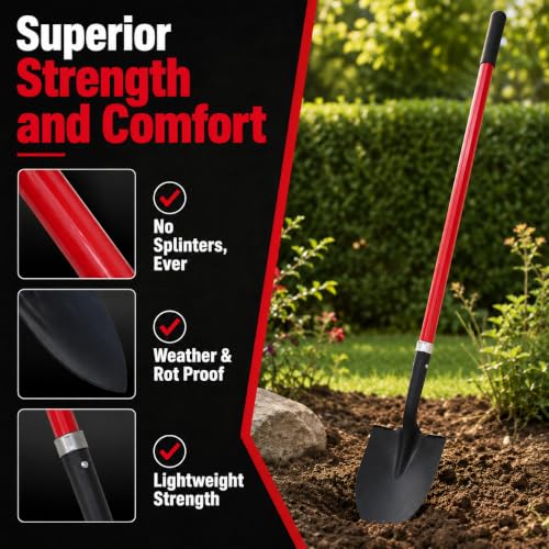 TABOR TOOLS J202A Round Point Digging Shovel with Long 56 Inch Fiberglass Handle, Garden Spade for Digging Soil, Roots & Planting, Less Back Strain - size: Straight Handled, Round Blade