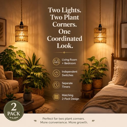 2 Pack Hanging Grow Lights for Indoor Plants Boho Rattan Plant Light