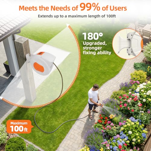 Retractable Garden Hose Reel 100 FT, 1/2" Heavy Duty Garden Hose - color: White & Orange