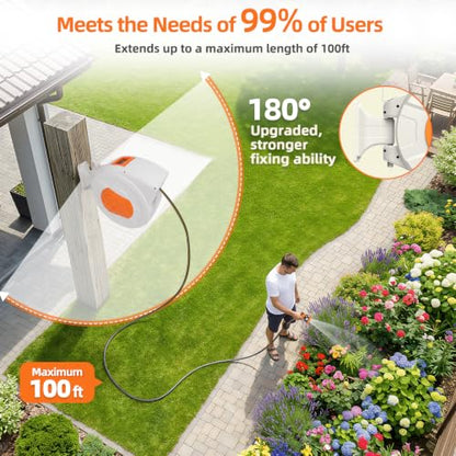 Retractable Garden Hose Reel 100 FT, 1/2" Heavy Duty Garden Hose - color: White & Orange