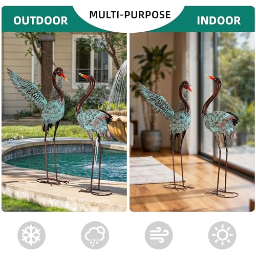 36.8" Metal Blue Heron Garden Statue, Handcrafted Crane Sculpture - color: 36" Distressed Patina Green