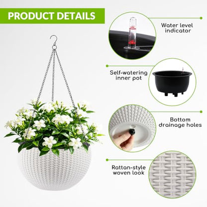 2 Pack 13.5" Self-Watering Hanging Baskets, White - color: White