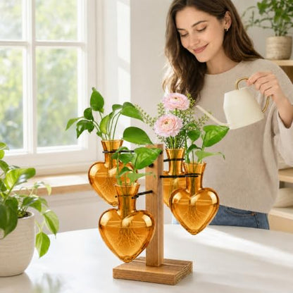 Plant Terrarium Propagation Station with Wooden Stand, 4 Glass Vases - color: Amber