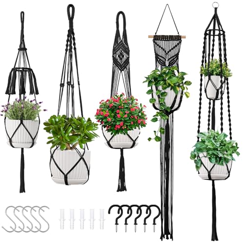 Macrame Plant Hangers 5Pack, Handmade Cotton Rope Hanging Planters - color: Black